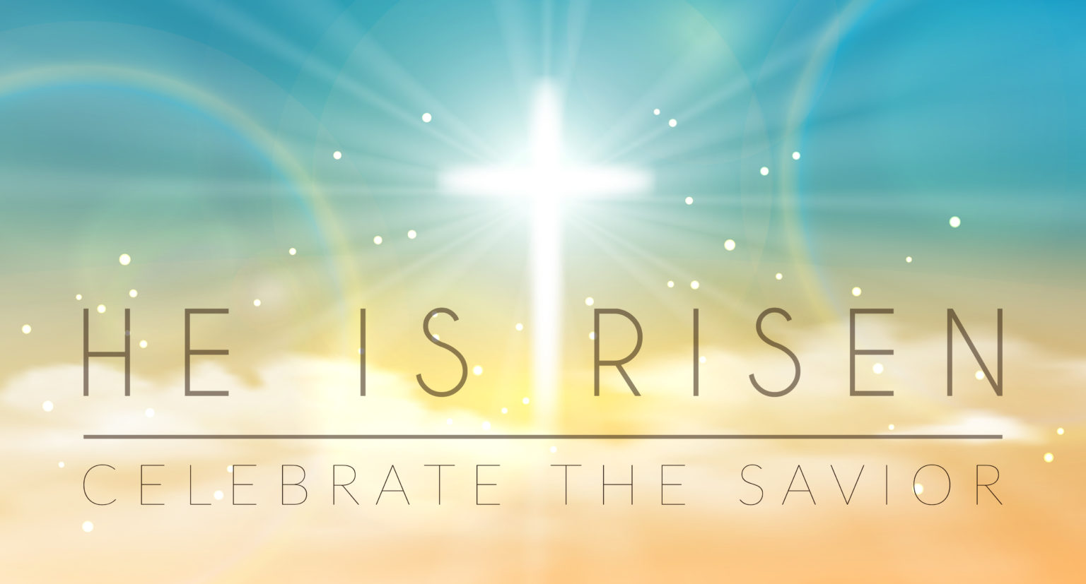 Easter banner with text &#039;He is risen&#039;, shining across and heaven with white clouds. Vector illustration background.