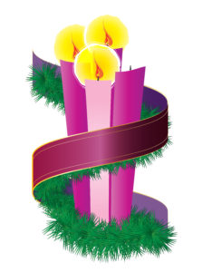 Advent candles wreath with purple violet ribbon. Fourth Sunday of Advent - Christmas season holiday color vector illustration.