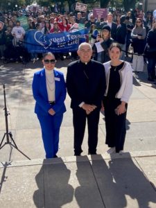 Bishop Joe Vasquez and two of his staff at the Jan. 27 rally for life: Luisa de Poo, Director of Life, Marriage, and Family and Hannah Haddad, Associate Director of Life, Marriage, and Family. (Photo by Shannon Jaquette)